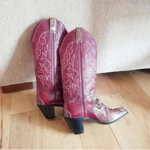 Justin Cowboy Boots Snakeskin and Leather Red